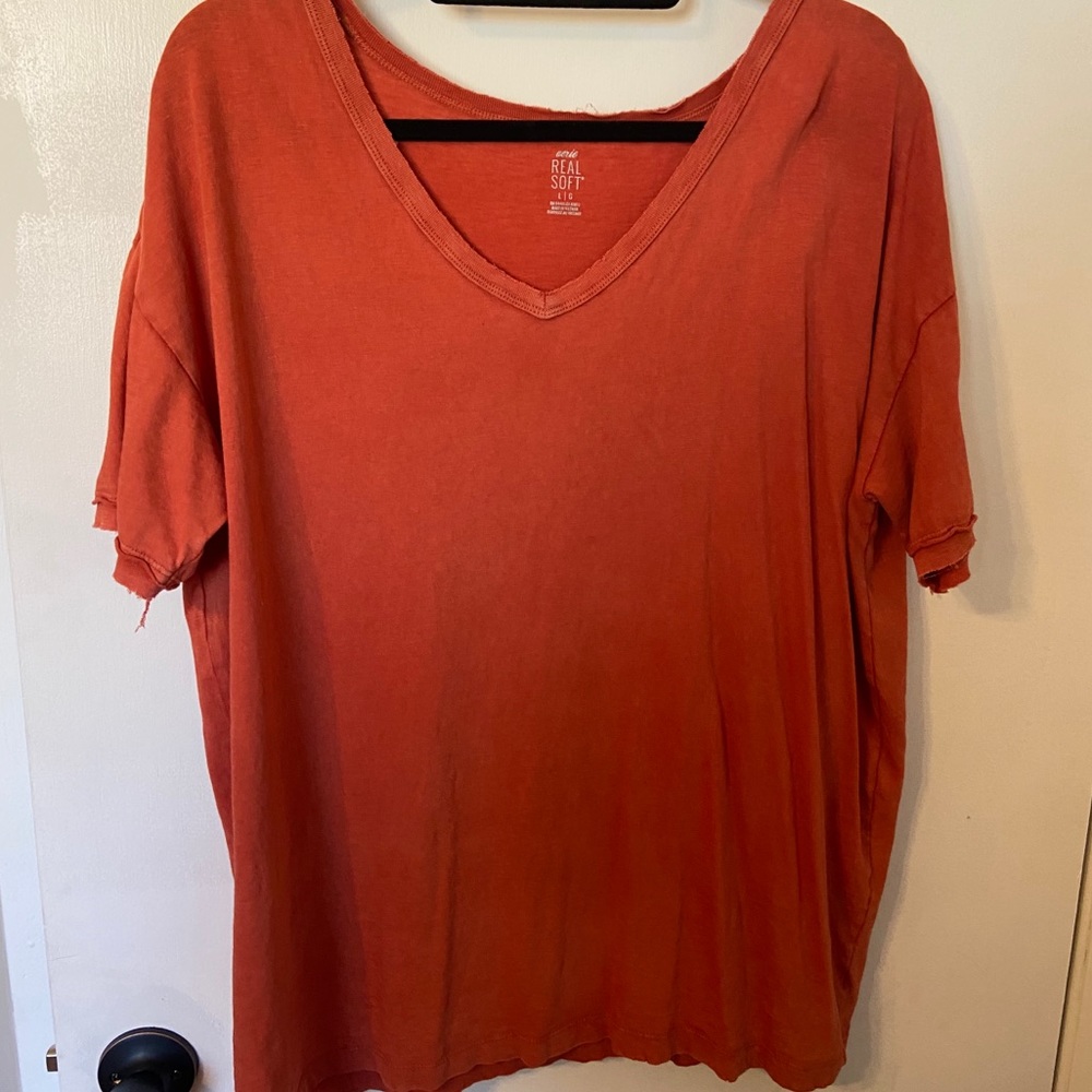 Aerie Burnt Orange Boyfriend Distressed V-Neck Tee
